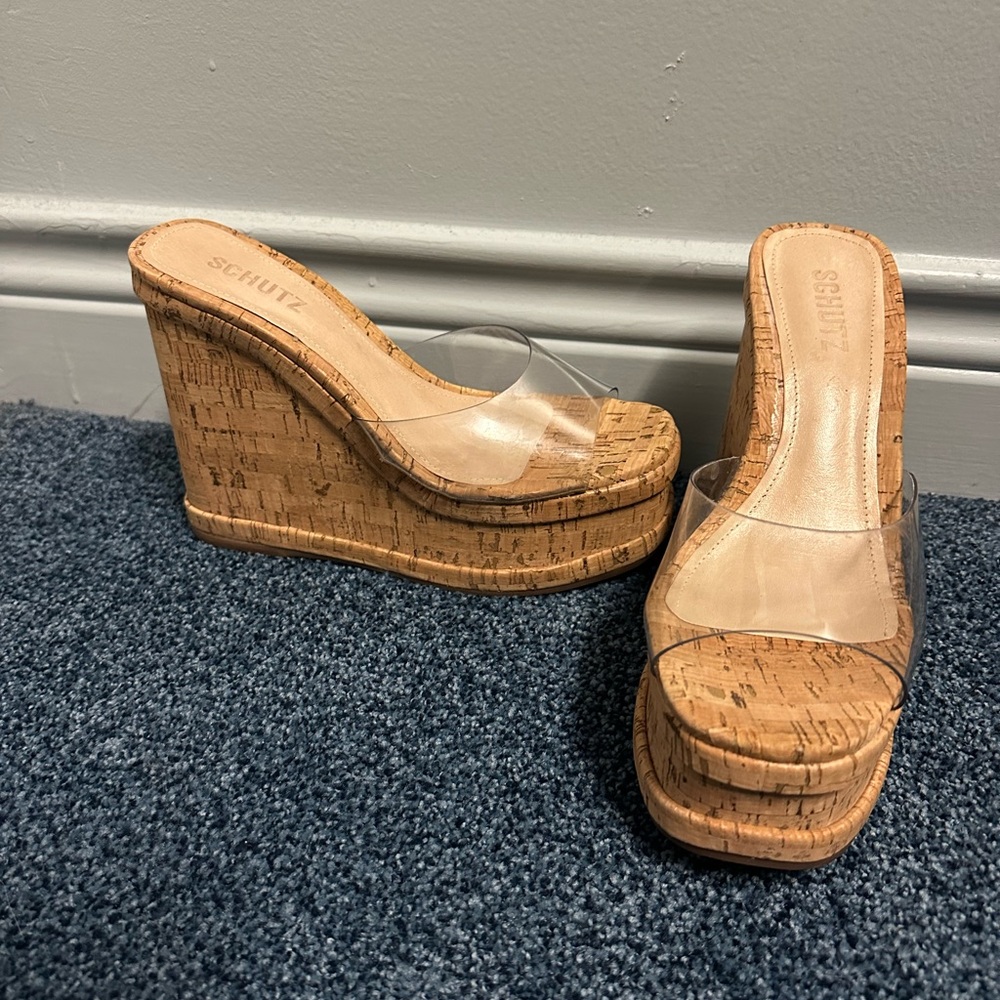 SCHUTZ Clear Strap Cork Platform Sandals